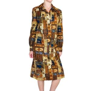 Vintage Brown & Gold Stained Glass Patchwork Shirt Midi Dress